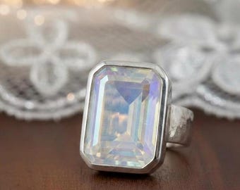 Emerald Cut Aura Angel Quartz-ring, statement sterlingzilveren ring, Aura Angel Quartz-cocktailring, unieke boho-bruidssieraden