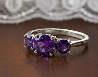 Natural Purple Amethyst Three Stone Ring in Sterling Silver, Round Cut 3-Stone Anniversary Ring for Women, February Birthstone Jewelry Gift
