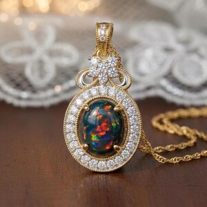 Vintage Smoked Black Opal Pendant Necklace, Solid Silver Fire Opal Jewelry for Women, Art Deco Halo Necklace, Unique Anniversary Gift