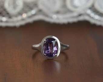 Oval Amethyst Sterling Silver Ring | Bezel Set Purple Gemstone Ring | February Birthstone Gift