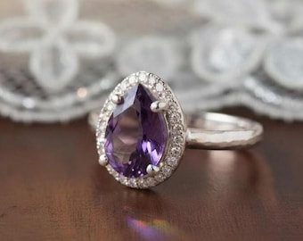 Pear Cut Amethyst Engagement Ring, Sterling Silver Halo Promise Ring, Teardrop Purple Gemstone Ring for Her, Unique February Birthstone
