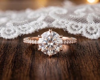 ブリリアントラウンドモアッサナイト婚約指輪｜14Kローズゴールドメッキパヴェウェディングリング｜ヴィンテージスタイル6本爪ソリティア｜純銀リング