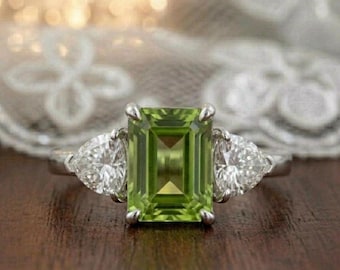 Emerald Cut Peridot Engagement Ring, Trillion Moissanite Side Stone Ring, Solid Silver Three Stone Wedding Ring, August Birthstone