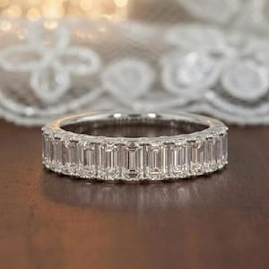 エメラルドカットモアッサナイトエタニティバンド、純銀製結婚指輪、フルエタニティリング、女性用重ね付けアニバーサリーリング