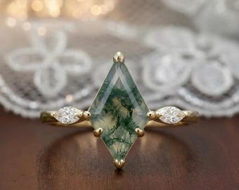 Kite Cut mosagaat verlovingsring, massief zilveren op de natuur geïnspireerde ring, unieke trouwring, marquise Moissaniet band, hemelse ring