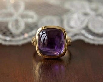 Anello vintage con ametista a cuscino, pietra preziosa viola, anello audace da donna, gioiello con cabochon in argento incastonato a castone, pietra portafortuna di febbraio