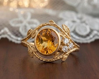 Round Citrine Nature Inspired Ring, Gold Plated Solid Silver  Branch and Leaf Ring, Botanical Engagement Ring, Gift For Her