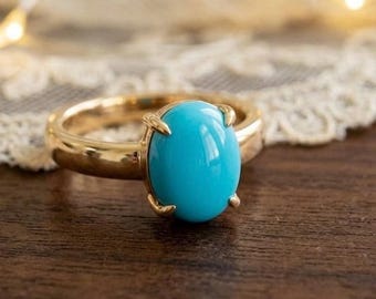 Vintage Sleeping Beauty Turquoise Ring in Solid Silver, Oval Cabochon Solitaire Ring, Minimalist December Birthstone Jewelry, Gift for Her