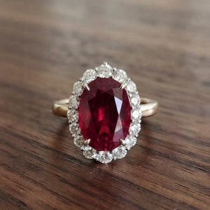 Oval Cut Lab Ruby Engagement Ring with Moissanite Halo, Gold Plated Solid Silver Lab Ruby Ring, Statement Cocktail Ring, Anniversary Gift