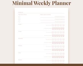 Könnte beinhalten: Ein minimalistischer Wochenplaner in Hellbraun und Weiß. Der Planer enthält Abschnitte für tägliche Aufgaben und Gewohnheitsverfolgung. Er ist im A5-Format und in 5 Farben erhältlich, mit PDF- und PNG-Formaten.
