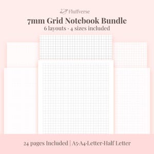 Puede incluir: Un paquete de cuadernos de cuadrícula de 7 mm con 6 diseños y 4 tamaños incluidos. La imagen muestra varios cuadernos abiertos con diferentes estilos de cuadrícula, incluyendo cuadrículas punteadas y cuadradas. El texto en la imagen dice "Fluffverse" y "24 pages Included | A5•A4•Letter•Half Letter."