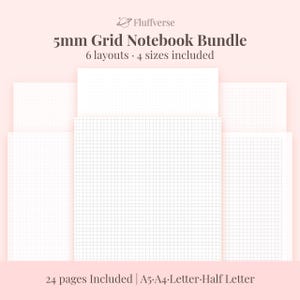 May include: A bundle of notebooks with 5mm grid paper. The image shows several open notebooks with different grid and dot layouts. The text reads "5mm Grid Notebook Bundle" with 6 layouts and 4 sizes included. The bundle includes 24 pages in A5, A4, Letter, and Half Letter sizes.