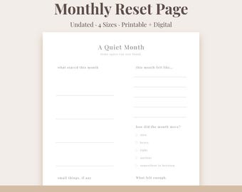 Monthly Reset Page – Undated Self-Care Journal, Minimalist Layout (Printable + Digital)  | A5, A4, US Letter, Half Letter