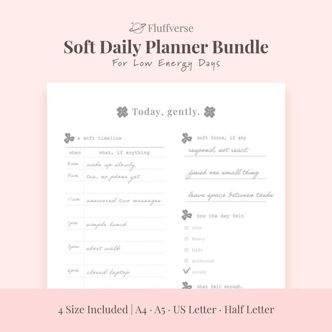 Soft Daily Planner Bundle – Gentle Timeline for Low Energy Days (4 ...