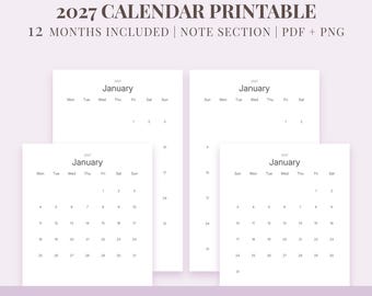 2027 Half Letter Calendar Printable | Planner Insert PDF PNG | Monday Sunday Start