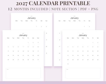2027 US Letter Calendar Printable | Monthly Planner PDF PNG | Monday Sunday Start