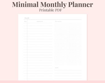 Minimal Monthly Planner Printable – Undated | 4 Sizes | PNG PDF
