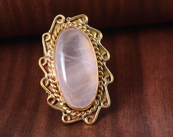 Rose Quartz Brass Ring: Boho Double Band Statement Ring