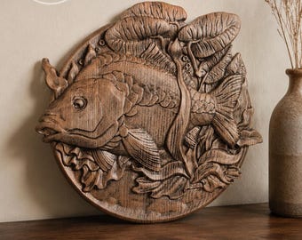 Carp Fish Wall Art, Carved Ash Wood Freshwater Relief, Rustic Fishing Cabin and Lake House Decor, Angler Gift