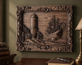 Lighthouse and Sailing Ship Wall Art, Ornate Ash Wood Nautical Relief, Coastal Maritime Decor