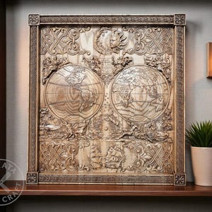 May include: A detailed wooden wall art piece featuring a carved map of the world with intricate designs. The artwork includes two globes, ships, and decorative borders. The piece is displayed on a wooden shelf.