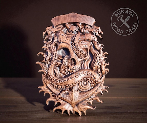 Skull and Octopus Wall Art: Handcrafted Carved Wood Panel