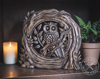 Owl Wall Art – Carved Wooden Owl in Tree Frame