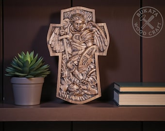 Handcrafted Archangel Michael Cross: Natural Wood Religious Art (Wall Hanging)