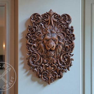 a large, intricately carved wooden lion head mounted on a wall.