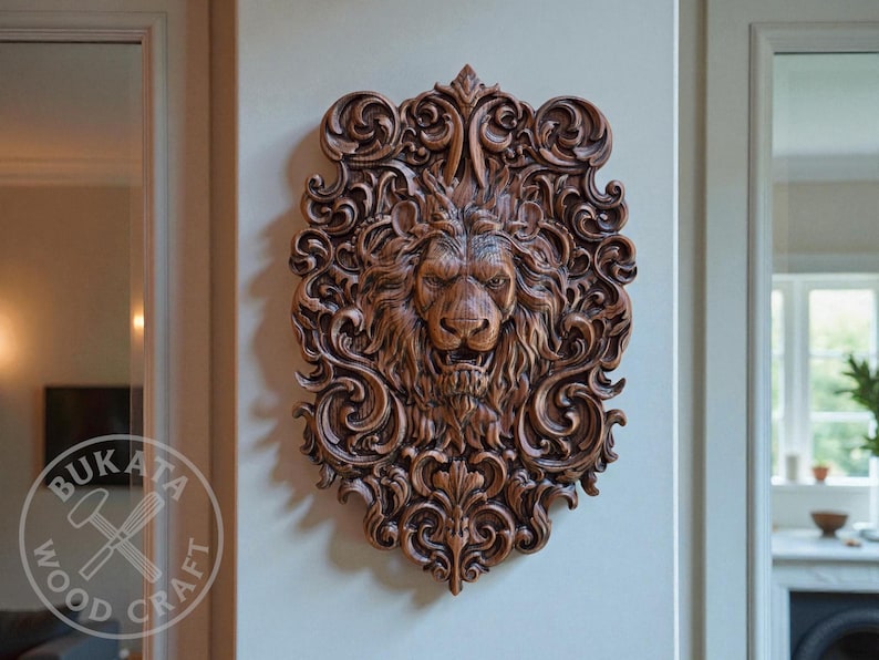a large, intricately carved wooden lion head mounted on a wall.