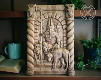 Odin Sculpture: Scandinavian God with Wolves, Natural Wood Decor