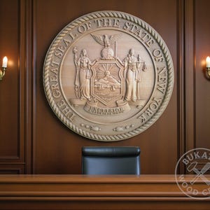 May include: A wooden carving of the Great Seal of the State of New York, mounted on a brown wall. The seal is circular, featuring figures and text. A desk and chair are in front of the seal. Two sconces with lit candles flank the seal.