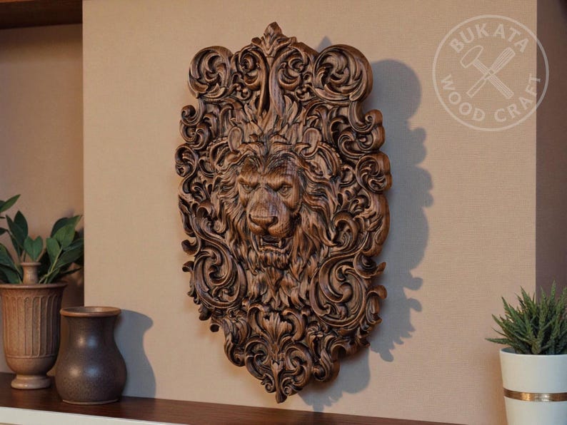 a large, intricately carved wooden lion head mounted on a wall, surrounded by various decorative elements such as vases and potted plants.