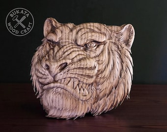 タイガーウッド彫刻、天然ワックスプレート、野生動物アート壁掛け