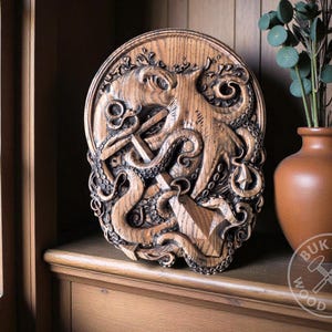 Octopus & Anchor Wall Art – Carved Oak Nautical Relief | Kraken Wooden Decor