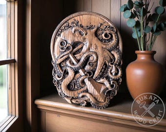 Octopus & Anchor Wall Art – Carved Oak Nautical Relief | Kraken Wooden Decor
