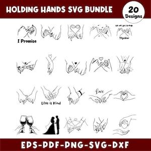 以下が含まれることがあります： さまざまなポーズで手を繋いでいる20のデザインを特徴とする、白黒のSVGバンドルです。「I Promise」、「Love is Kind」、「Love」などのテキストが含まれているデザインもあります。バンドルには、EPS、PDF、PNG、SVG、DXFのファイル形式も含まれています。
