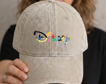 Disney Princess Hat, Ariel Belle Cinderella, Vintage Washed Cotton, Disney Letters Baseball Cap, Disney Trip Gift, DTF Print