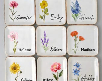Personalized Birth Flower Trinket Dish/ Custom Watercolor Flower Ring Dish/ Christmas Gifts/ Wedding Bridesmaid Gift/ Birthday Jewelry Dish