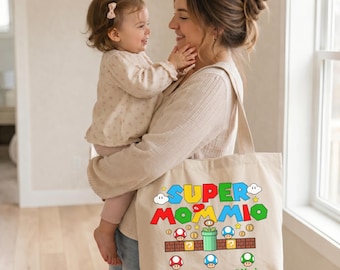 Personalized Mother's Day Tote Bag, Custom Super Mommio Gift with Kids Names, Gamer Mama Bag, Mom Birthday Gift, New Mom Bag