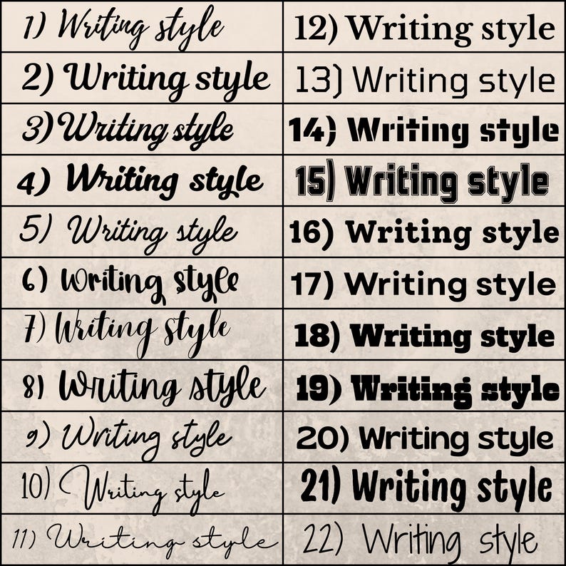 May include: A grid of 22 text boxes, each labeled with a number and the words "Writing style" in various fonts. The fonts range from elegant cursive to bold, block lettering, showcasing a variety of design options for text.