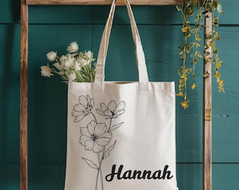 Personalized Tote Bag with Flower, Custom Name Canvas Bag, Floral Minimalist Tote, Bridesmaid Gift, Personalized Gift for Her, Aesthetic Bag