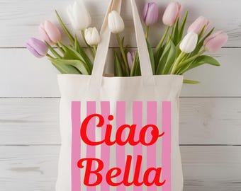 Ciao Bella Tote Bag, Italian Summer Aesthetic, Pink Striped Canvas Bag, European Summer Shoulder Bag, Amalfi Coast Gift, Cute Beach Handbag