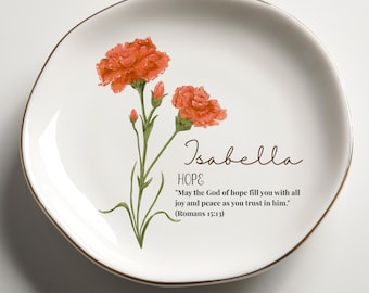 Personalized Bible Verse Floral Trinket Dish, Watercolor Birth Flower Ring Dish for Christian, The Lord Bless You, Faith Jewelry Dish Gift