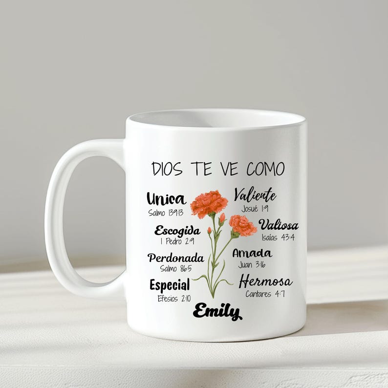 Regalo Personalizado para Mujer Dios dice que Eres Taza Cristiana anniversaire cadeau naissance mois fleur Mug espagnol Bible verset ami chrétien image 3
