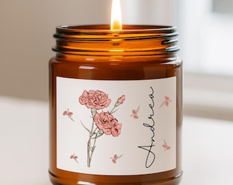 Personalized Birth Flower Candle, Birthday Gift, Coquette Birth Flower, Custom Fragrant Jar Candle Gift, Gift For Mom, Gift For Daughter