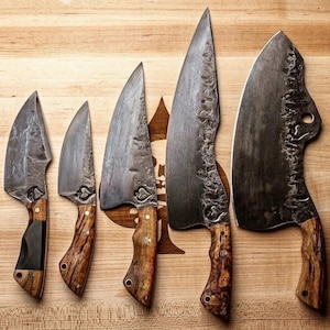 Hand-Forged High Carbon Steel Chef Knife Set, Rustic Hardwood Handle Cutlery