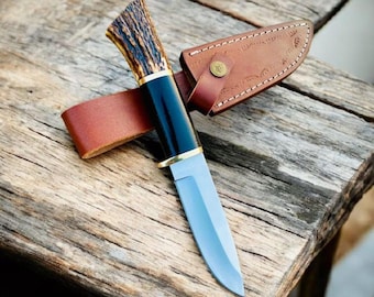 Handmade D2 Steel Hunting Knife | Deer Antler & Buffalo Horn Handle, Bushcraft, Outdoor, Personalized Gift