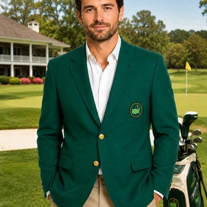 Puede incluir: Una americana de color verde oscuro con dos botones dorados, solapas de muesca y un parche circular en el bolsillo del pecho que muestra un mapa de los Estados Unidos con una bandera de golf. La prenda se combina con una camisa blanca y pantalón beige.