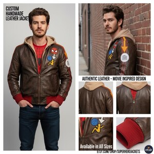 May include: A brown leather jacket with a beige hood, red ribbed cuffs, and a red hem. The jacket features various embroidered patches on the chest and sleeves, including a spider emblem, a blue sphere, and a yellow figure. Text reads CUSTOM HANDMADE LEATHER JACKET and AUTHENTIC LEATHER - MOVIE INSPIRED DESIGN.